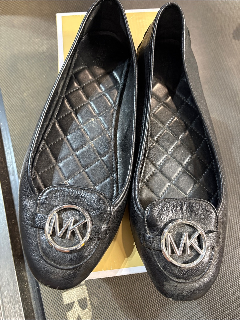Michael Kors Black Leather MK Logo Round-Toe Flats